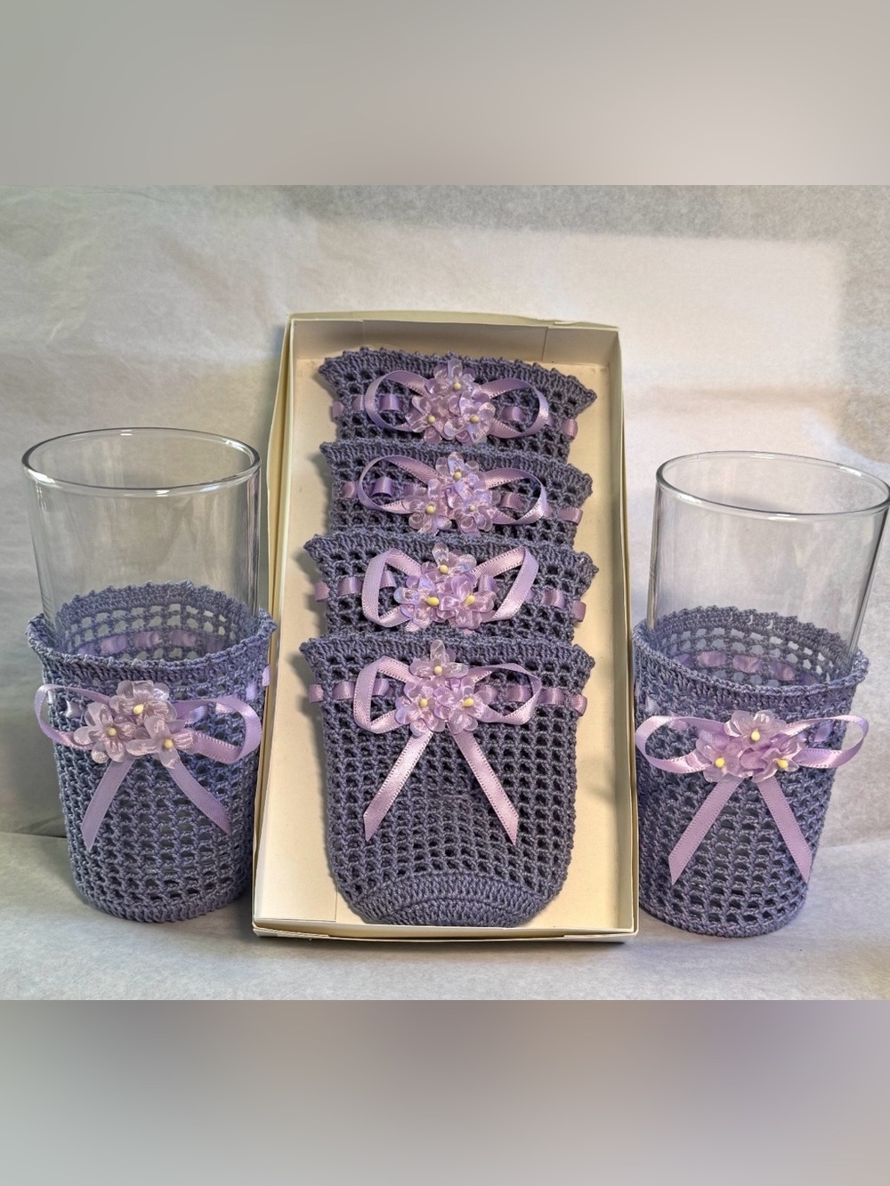 Hand Crocheted Lavender Glass Sleeves with Bow and Flower Accents